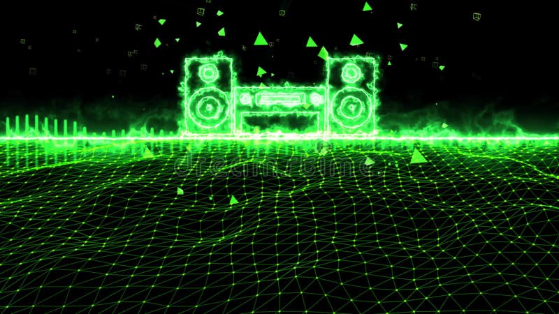 Animación inconsútil del extracto 3D del equalizador verde del estéreo de la onda acústica En el movimiento geométrico del wirefr stock de ilustración