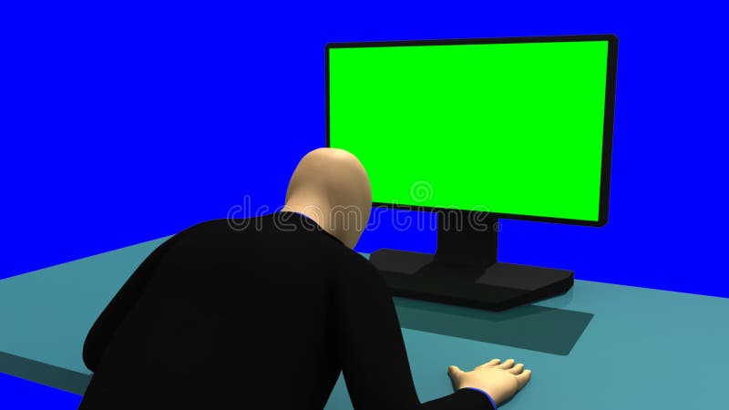 Animación que muestra un 3dman que se sienta delante de una pantalla verde stock de ilustración