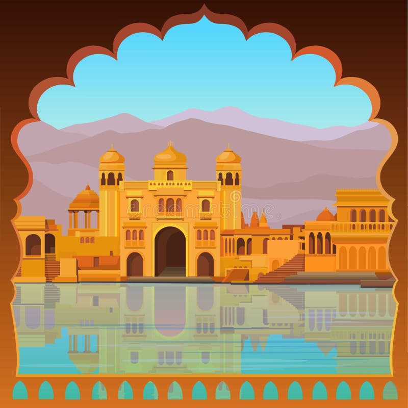 Animacja krajobraz: antyczny Indiański pałac na brzeg rzeki