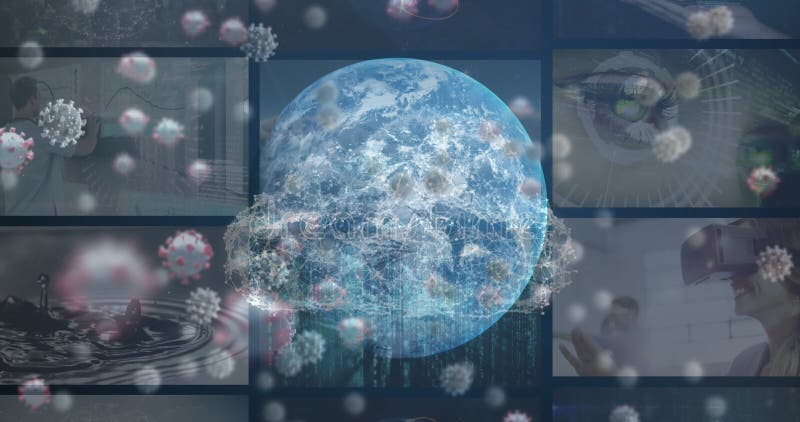 Animacja multirasowych osób analizujących przetwarzanie danych covid19 z globem w interfejsie cyfrowym ilustracja wektor