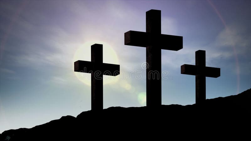 Animacja sylwetki trzech chrześcijańskich krzyży nad księżycem i słońcem