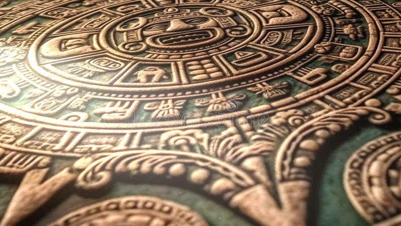 Animacja z bliska widok starożytnego kalendarza majańskiego aztec z okrągłym wzorkiem i wypustem na powierzchni kamienia