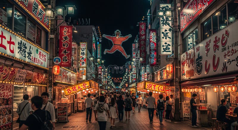 Animada escena callejera nocturna en Dotonbori Osaka Japón. La zona está iluminada con ilustración del vector