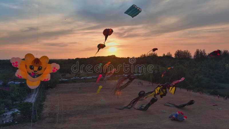 Animadas cometas bailando en el cielo al atardecer, una fascinante vista aérea