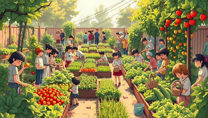 Animado jardín comunitario en estilo animado con niños y adultos que se ocupan de filas de verduras en un verde ecológico ilustración del vector