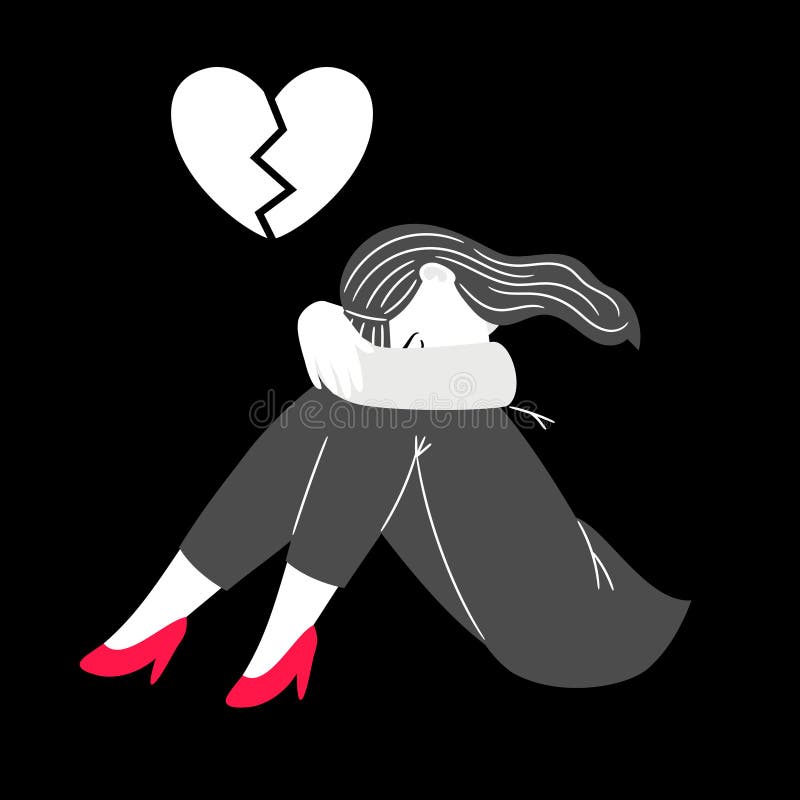 Mulher com depressão emocional. desenho animado jovem em pose triste,  conceito de coração partido, ilustração vetorial de personagem com  pensamento ansioso sobre fundo preto