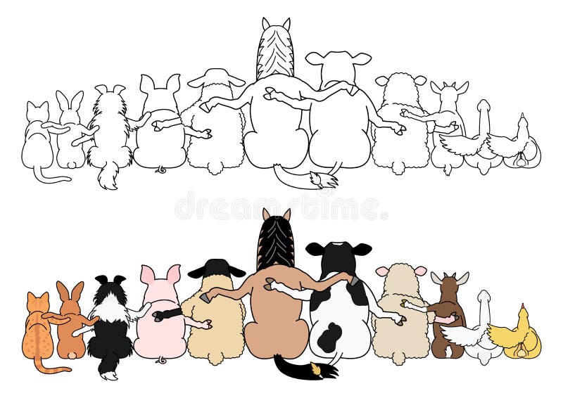 Farm animals in a row, paws around shoulders each other, rear view. Farm animals in a row, paws around shoulders each other, rear view.