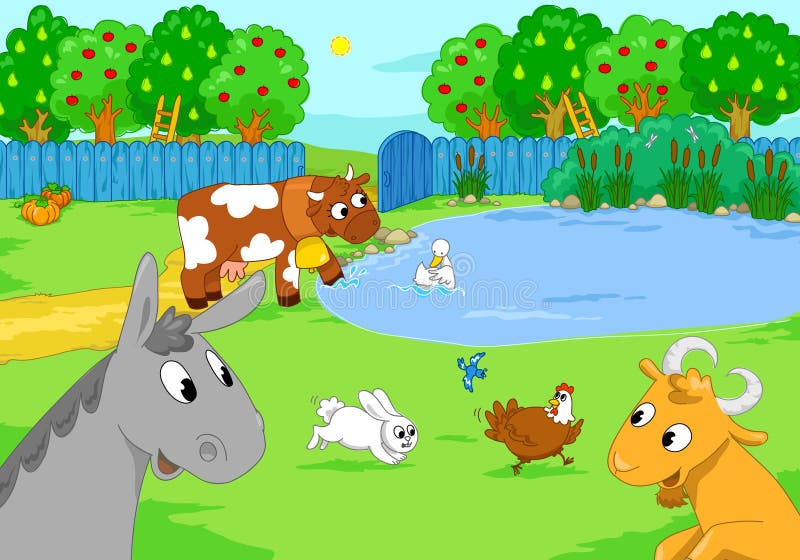 Animais de exploração agrícola bonitos no lago Ilustração dos desenhos animados ilustração royalty free Animais de exploração agrícola bonitos no lago Ilustração dos desenhos animados ilustração royalty free