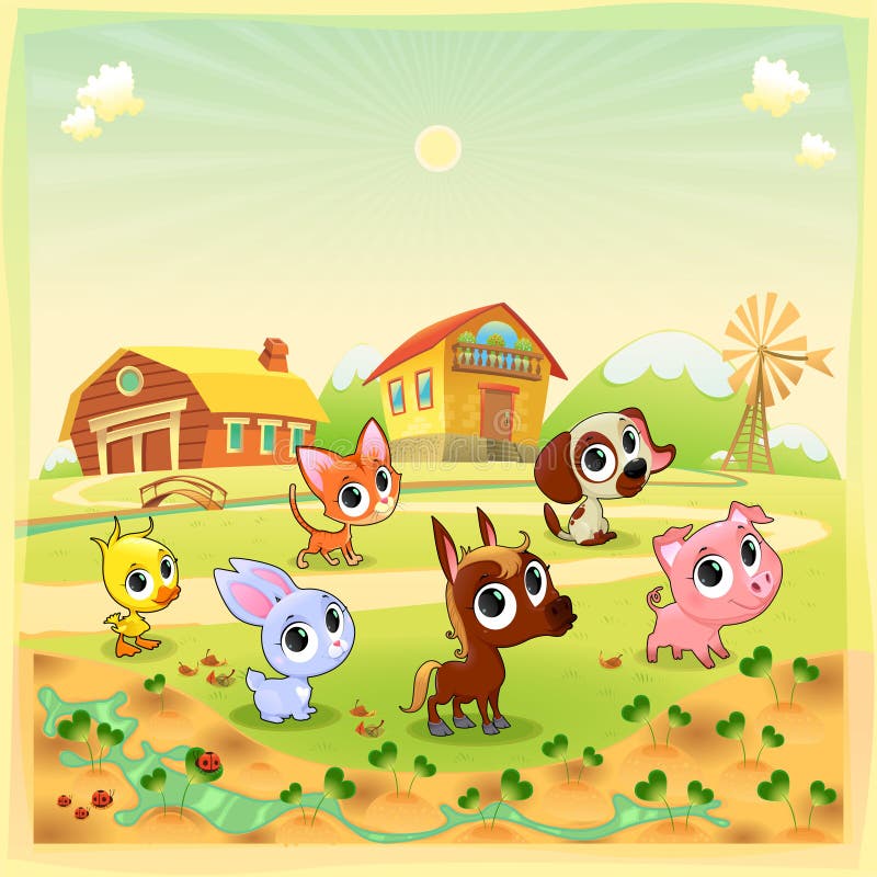 Animais de exploração agrícola engraçada no jardim ilustração stock Animais de exploração agrícola engraçada no jardim ilustração stock