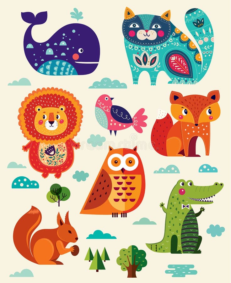 Animais e pássaros engraçados ilustração stock Animais e pássaros engraçados ilustração stock