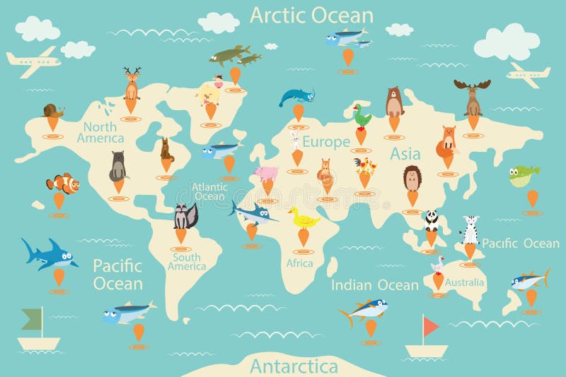 Animais, mapa do mundo Mapa do mundo para crianças Cartaz dos animais Animais do continente, vida marinha Ámérica do Sul, Eurasia ilustração stock Animais, mapa do mundo Mapa do mundo para crianças Cartaz dos animais Animais do continente, vida marinha Ámérica do Sul, Eurasia ilustração stock