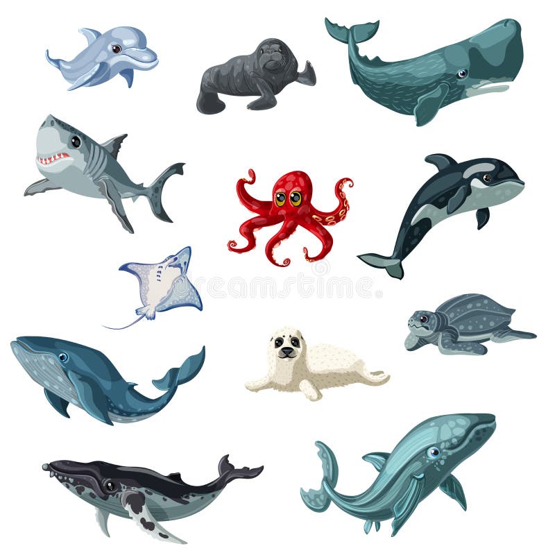 Animais subaquáticos coloridos dos desenhos animados ajustados ilustração stock