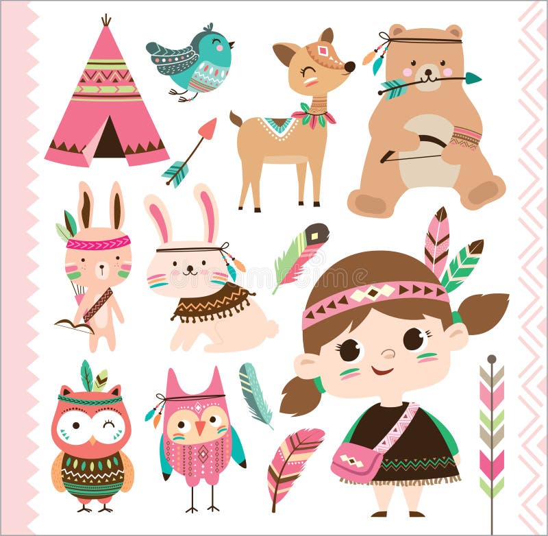 Animais tribais bonitos e menina ilustração stock Animais tribais bonitos e menina ilustração stock