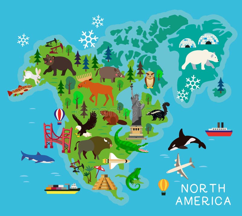 Animal Cartoon Map for Children and Kids. North America. Stock Vector