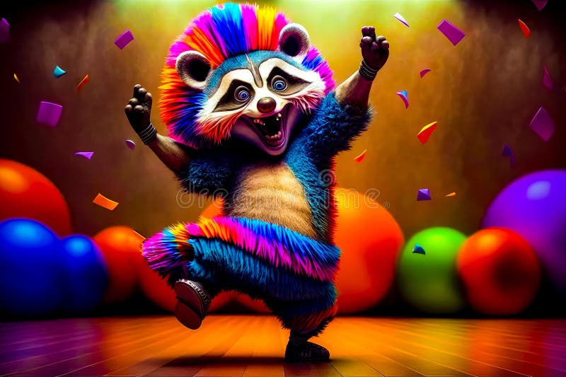 Animal colorat dansează în fața grupului de baloane și confetti. ai generativ stock illustration