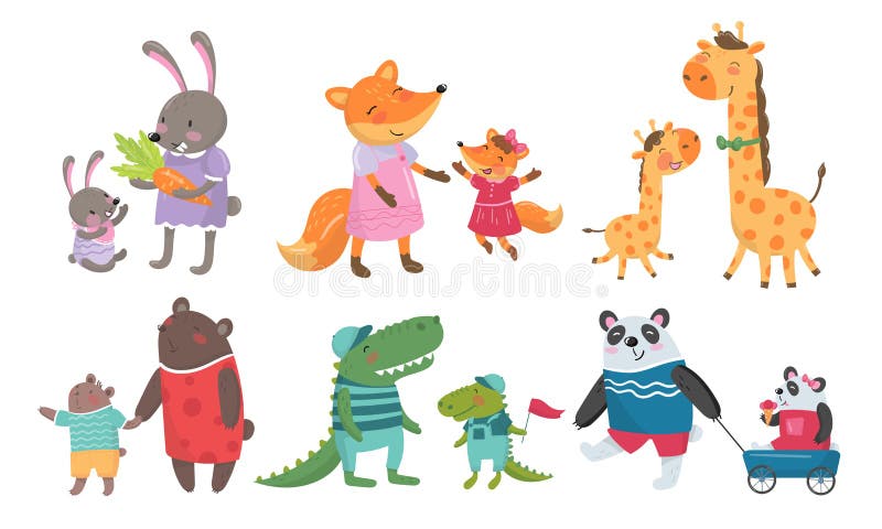 Animal Cubs And Their Parents Childish Vector Illustrations