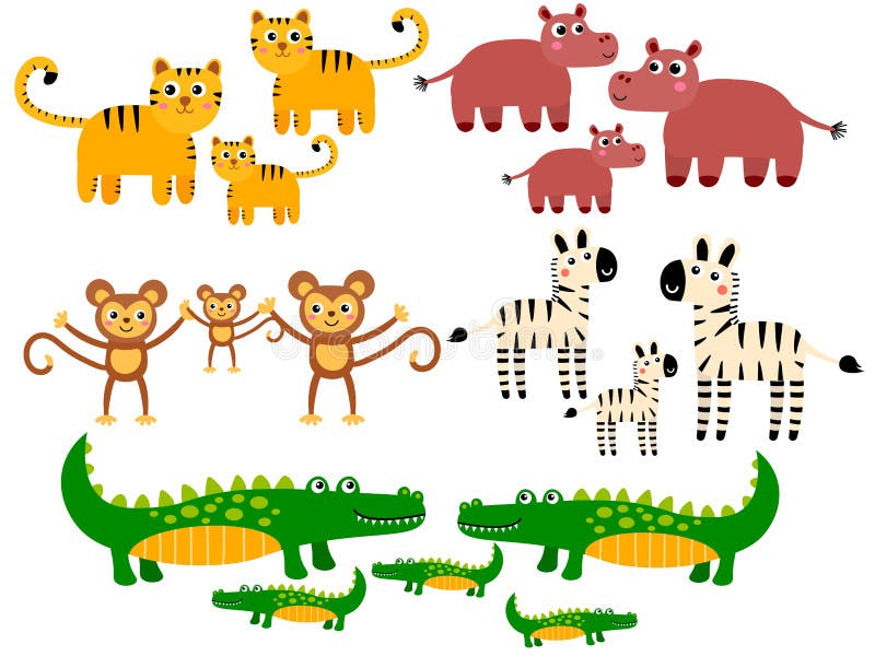 Cute Tiger and Hippo, Monkey and Zebra, Crocodile Families. Stock Vector -  Illustration of fauna, childhood: 190070364