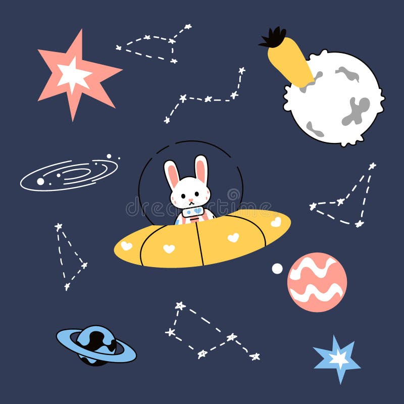 Animal De Espacio De Conejo De Dibujos Animados. Astronauta De Aventura En Planetas De Gravedad Cero Y Estrellas De Luna Y Liebre Ilustración del Vector