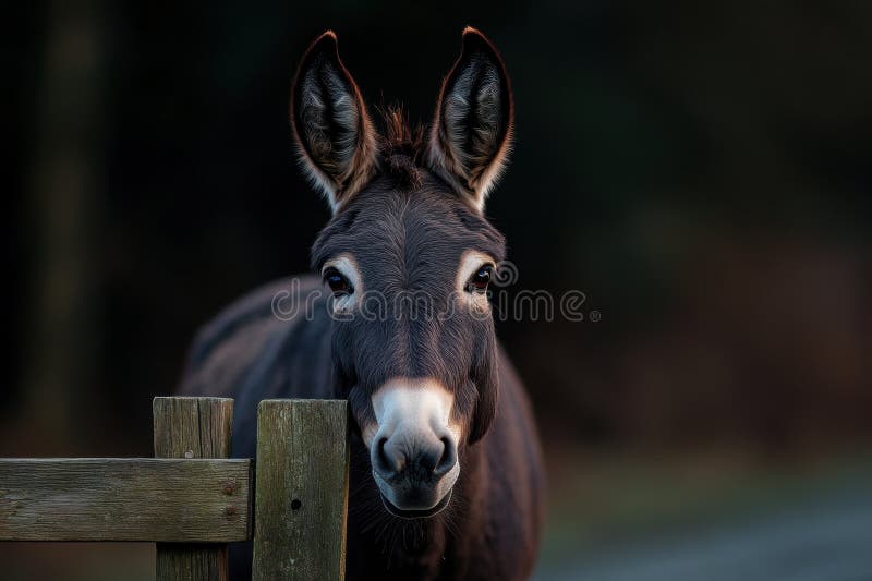 Animal de ferme rencontre un âne regarde au-dessus de la porte de la ferme curieux car le soleil de fin d'après-midi jette de long image stock