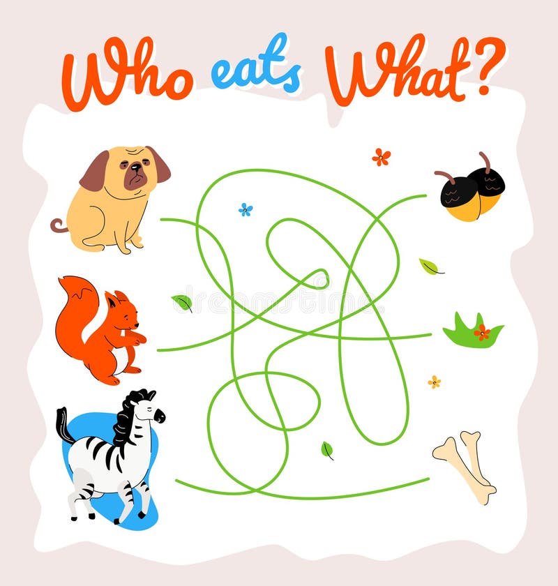 https://thumbs.dreamstime.com/b/animal-food-labyrinth-learning-game-vector-template-who-eats-what-maze-educational-children-puzzle-cute-zebra-squirrel-dog-159612363.jpg