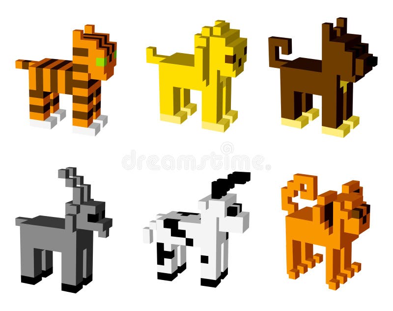 Animal icons 3D pixel art for design project stock illustration