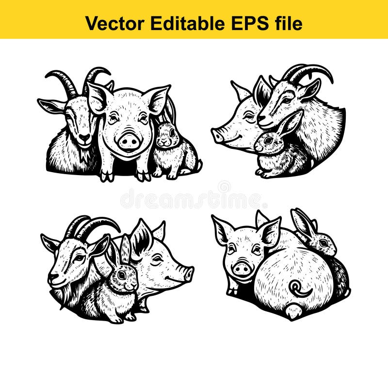 Animal illustrations isolated on white. Vector illustrations of goats, pigs, and rabbits in various poses. Editable EPS file. Goat black white cartoon stock images, royalty-free photos and pictures