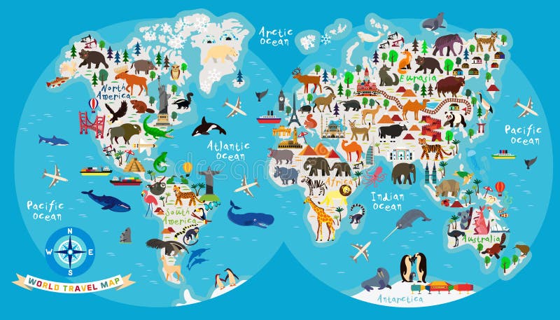 Animal Map of the World for Children and Kids. Stock Vector