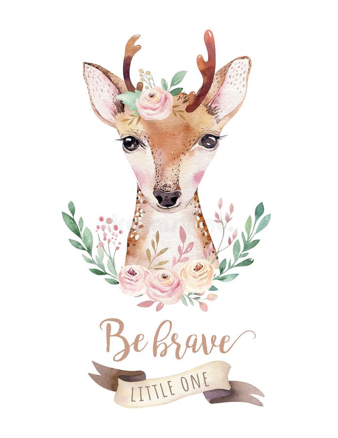 Animal mignon de cerfs communs de bébé d'isolement par bande dessinée d'aquarelle avec des fleurs Illustration de région boisée d illustration stock