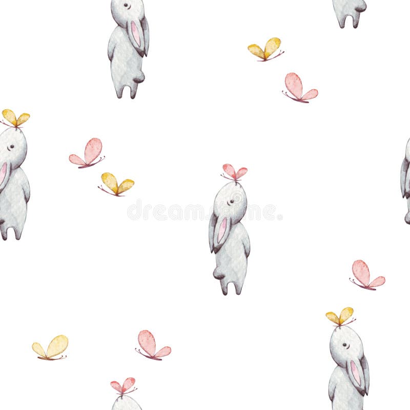 Animal mignon de lapin de bébé avec illustration rose et sans couture d'aquarelle de modèle de papillon jaune pour les vêtements p illustration stock