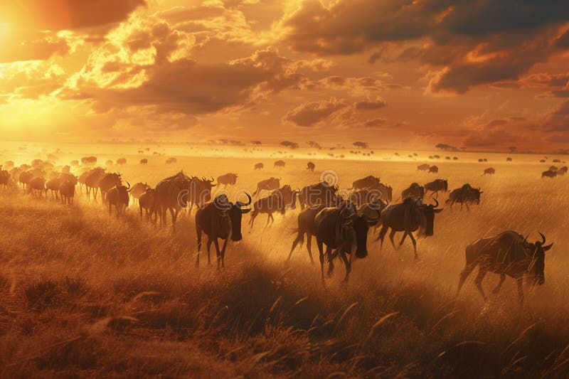 Animal migration or migratory wildebeest herds. African savannah, common wildebeest or brindled gnu, antelopes, gnus or wildebai