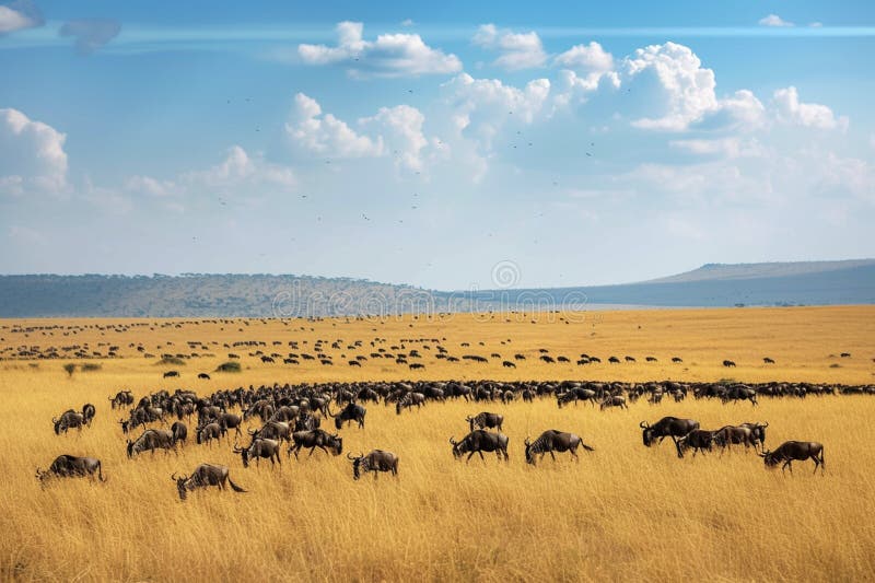 Animal migration or migratory wildebeest herds. African savannah, common wildebeest or brindled gnu, antelopes, gnus or wildebai