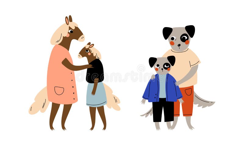 Animal Parent Humanized Character Standing with Their Kid Vector Set ...