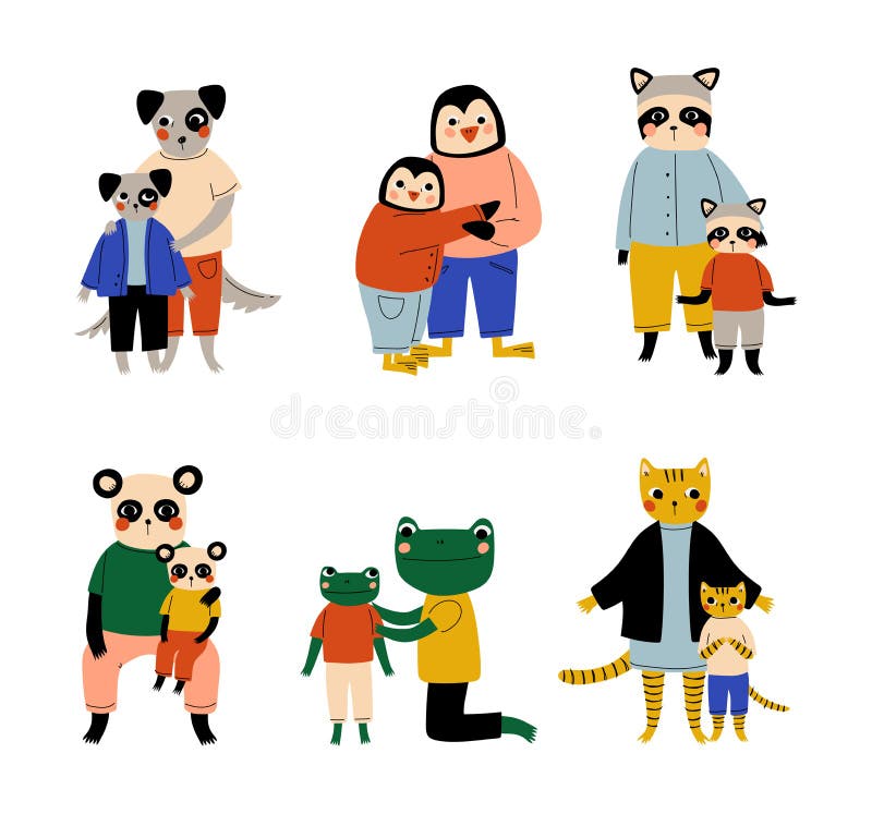 Animal Parents and Their Kids Set. Dog, Penguin, Raccoon, Panda, Frog ...
