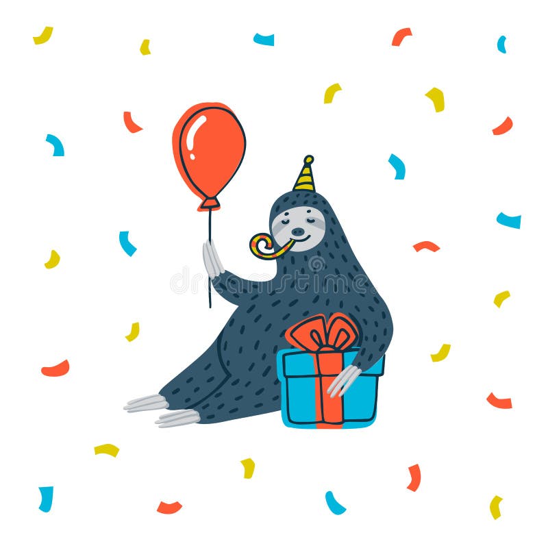 Animal party. Lazy sloth party. Cute sloth with gift and baloon. Vector illustration. Funny cartoon cute fat sloth vectors