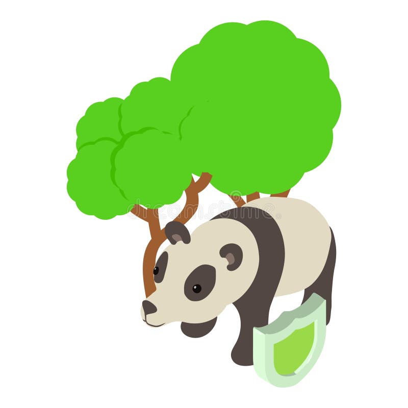Animal protection icon isometric vector. Panda under tree protected by shield stock illustration
