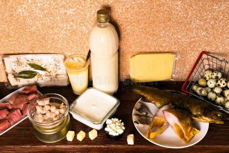 Animal Protein Food at Wood Table. Meat, Chicken, Lard, Beef, Fish, Egg