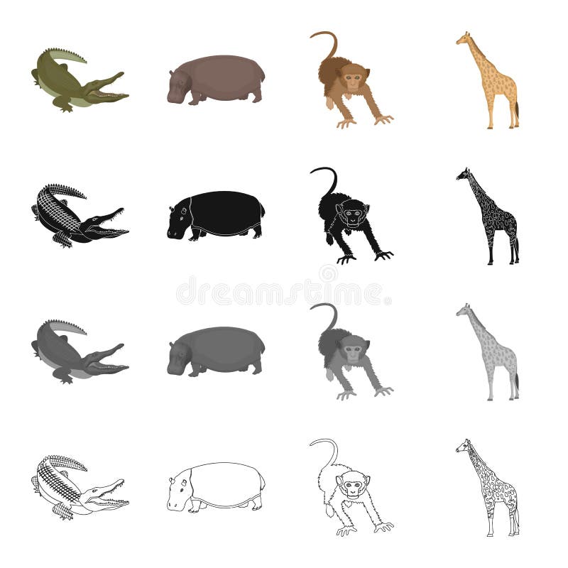 Animal sauvage, reptile de crocodile, hippopotame, singe, girafe grande Genre différent d'icônes réglées de collection d'animal d illustration libre de droits Animal sauvage, reptile de crocodile, hippopotame, singe, girafe grande Genre différent d'icônes réglées de collection d'animal d illustration libre de droits