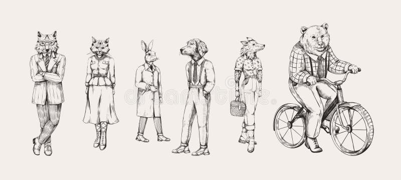 Animal sketch. Mammal character. Rabbit and ox in clothes. Anthropomorphic bear on bike. Hand drawn art. Bicycle wheel royalty free illustration