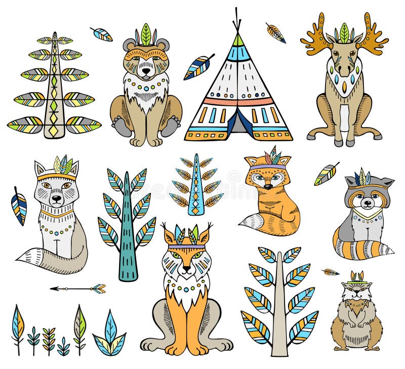 Animal tribal Coleção dos animais da floresta da floresta que inclui o urso, o lince, o texugo, o castor e a raposa ilustração royalty free Animal tribal Coleção dos animais da floresta da floresta que inclui o urso, o lince, o texugo, o castor e a raposa ilustração royalty free