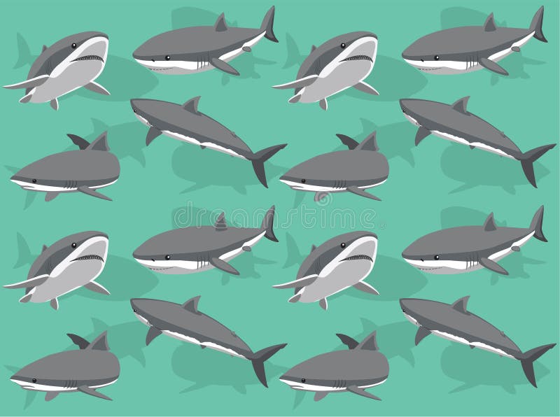 Great White Shark Poses Cartoon Character Seamless Wallpaper Background