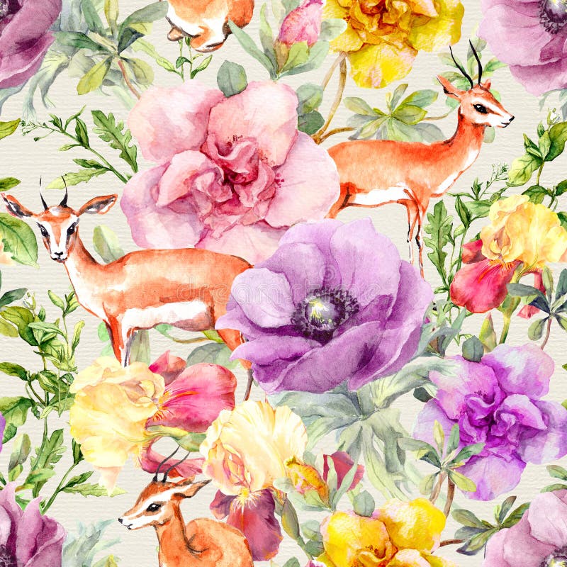 Animal y flores del antílope Estampado de flores de repetición neutral del vintage Watercolour en colores pastel ilustración del vector Animal y flores del antílope Estampado de flores de repetición neutral del vintage Watercolour en colores pastel ilustración del vector