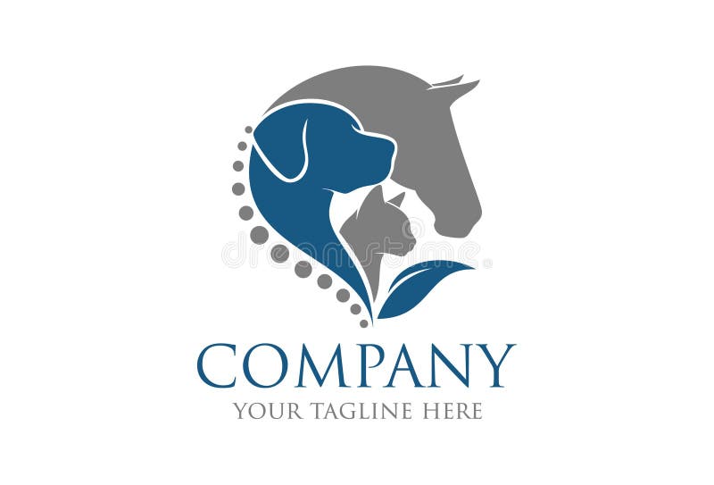 Flat Horse, Dog, Cat Animal With Blue Leaf Logo Design. Flat Horse, Dog, Cat Animal With Blue Leaf Logo Design