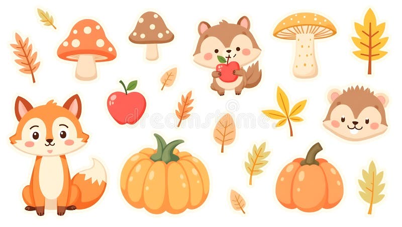 Animale de toamnă drăguțe și elemente de recoltă Ilustrare Fox Squirrel Mushchambers Dovlecel vector illustration