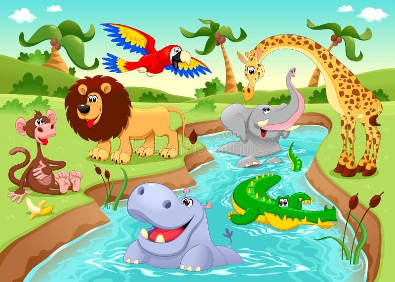 Animales Africanos En La Selva En Blanco Y Negro. Ilustración del