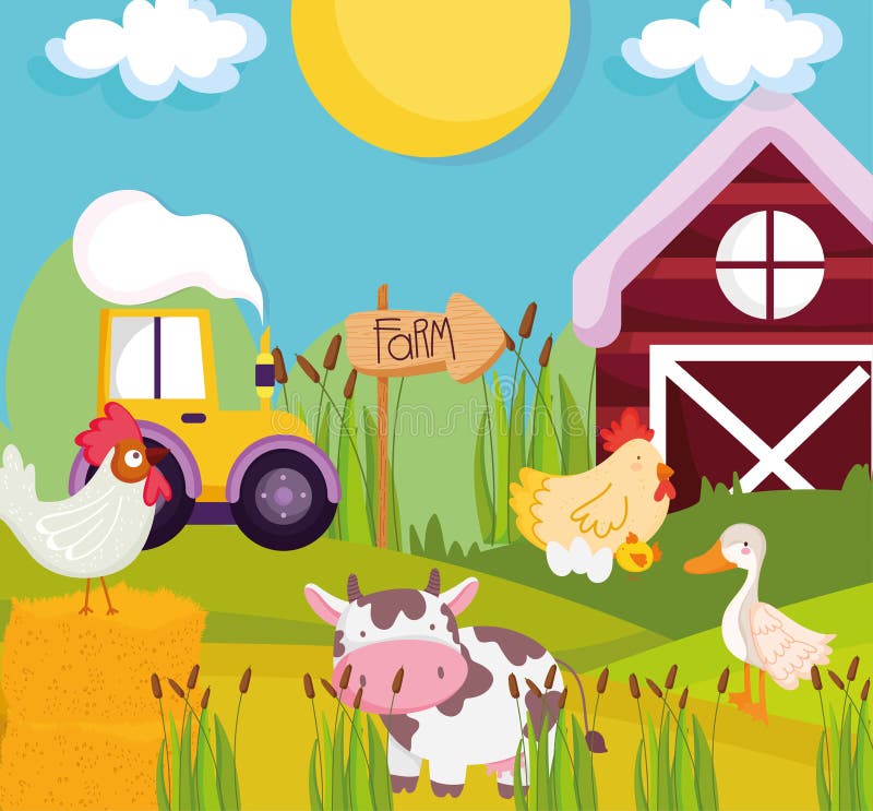 Animales De Granja Y Tractor Ilustración del Vector - Ilustración de  gallina, vaca: 221530524
