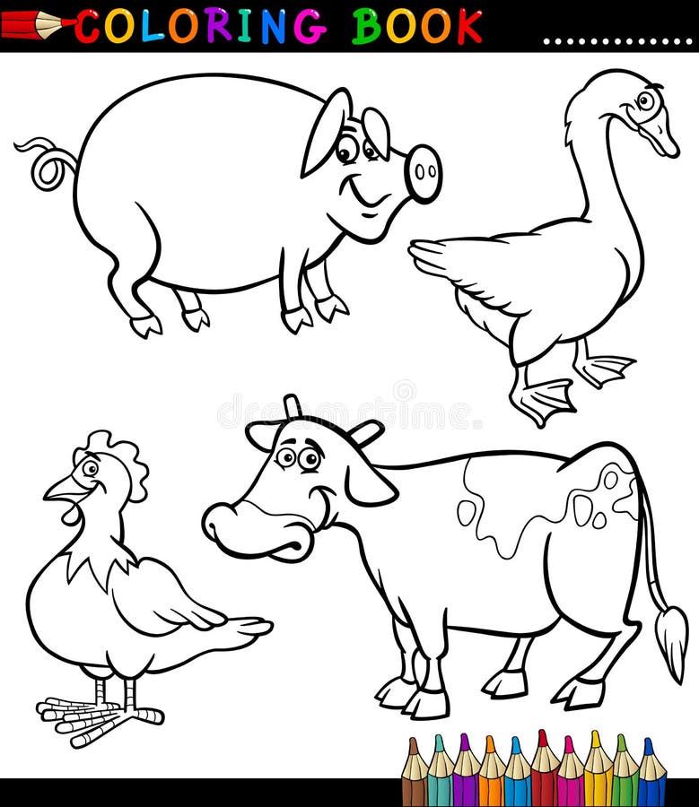 Black and White Coloring Book or Page Cartoon Illustration Set of Funny Farm and Livestock Animals for Children. Black and White Coloring Book or Page Cartoon Illustration Set of Funny Farm and Livestock Animals for Children