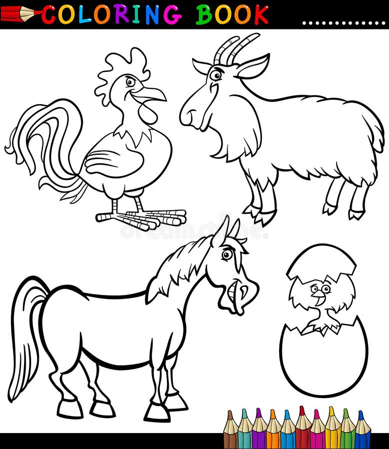 Black and White Coloring Book or Page Cartoon Illustration Set of Funny Farm and Livestock Animals for Children. Black and White Coloring Book or Page Cartoon Illustration Set of Funny Farm and Livestock Animals for Children