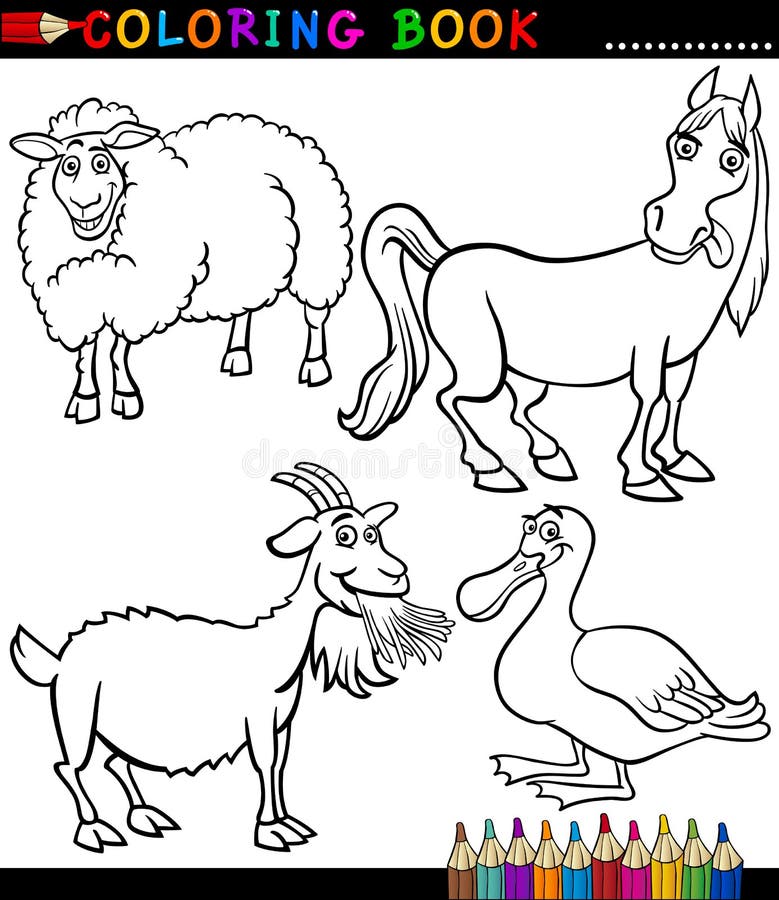 Black and White Coloring Book or Page Cartoon Illustration Set of Funny Farm and Livestock Animals for Children. Black and White Coloring Book or Page Cartoon Illustration Set of Funny Farm and Livestock Animals for Children