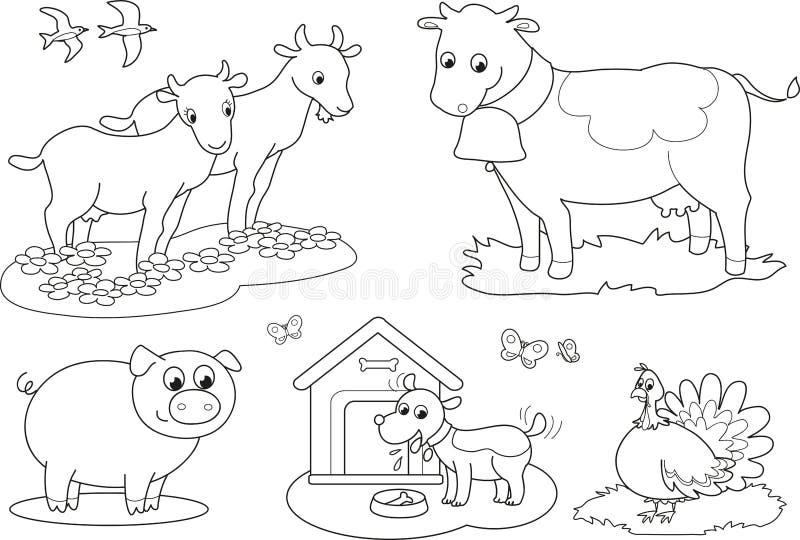 Set of coloring farm animals for children: goats, cow, birds, pig, dog and turkey. Set of coloring farm animals for children: goats, cow, birds, pig, dog and turkey.