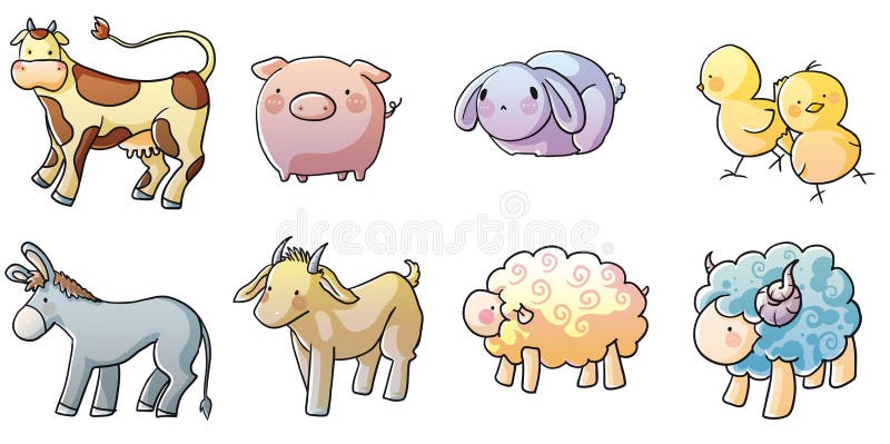 Eight icons of farm animals drawn with a graceful style and brilliant colors. List of animals: Cow Pork Rabbit Chicks Goat Sheep Ram. Eight icons of farm animals drawn with a graceful style and brilliant colors. List of animals: Cow Pork Rabbit Chicks Goat Sheep Ram